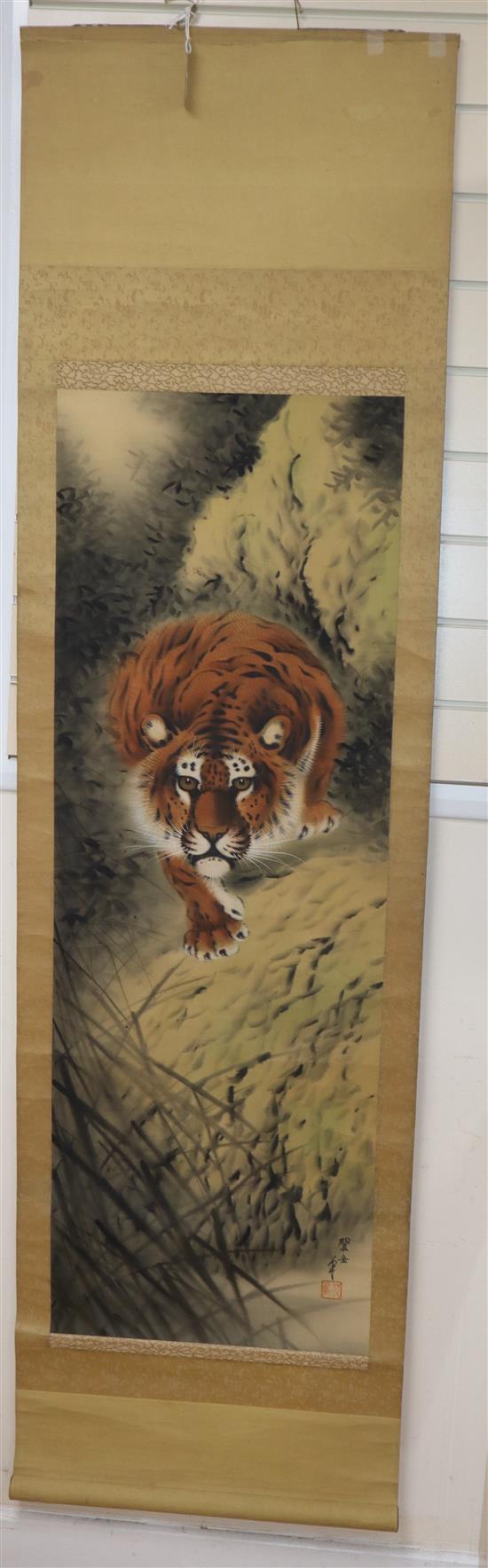 Chinese School, mid 20th century, scroll picture, Stalking tiger, 122 x 42cm